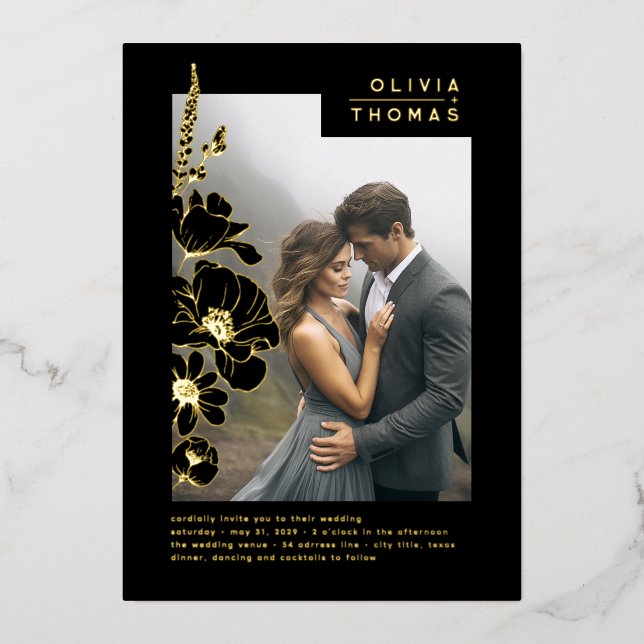 Wildflowers Elegant Romantic Black Wedding Photo Foil Invitation (Front)