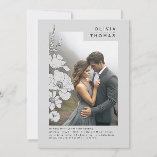 Wildflowers Elegant Romantic Grey Wedding Photo Invitation