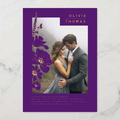 Wildflowers Elegant Romantic Purple Wedding Photo Foil Invitation