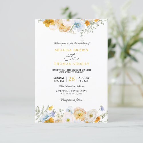 Wildflowers Elegant Rustic Budget QR Code Wedding Invitation