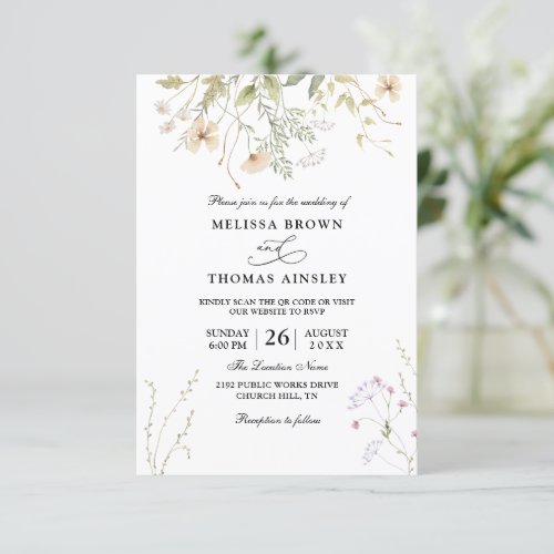 Wildflowers Elegant Rustic Budget Qr Code Wedding Invitation