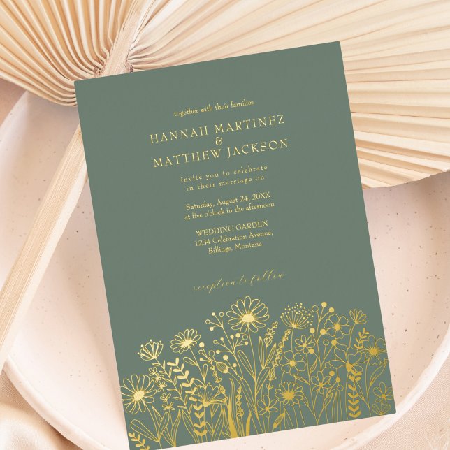 Wildflowers Elegant Sage Green and Gold Wedding Foil Invitation (Creator Uploaded)