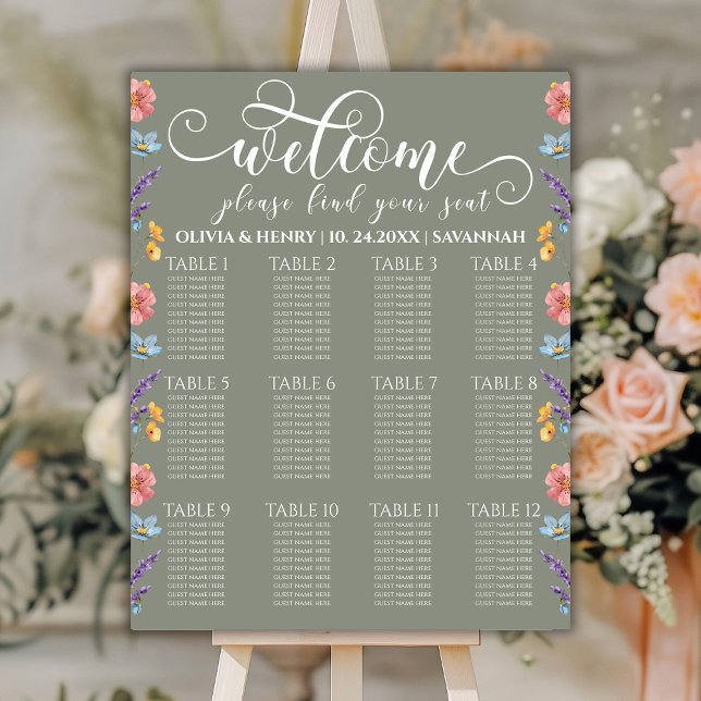 Wildflowers Elegant Sage Wedding Seating Chart Foam Board (Creator Uploaded)