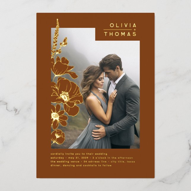Wildflowers Elegant Terracotta Wedding Photo Foil Invitation (Front)