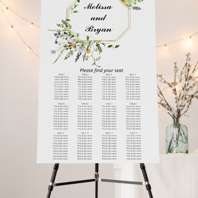 Wildflowers elegant Wedding Seating Chart Foam Board (In Situ (Stand))