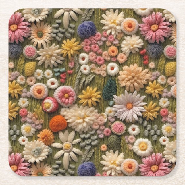 Wildflowers Embroidery Square Paper Coaster (Front)