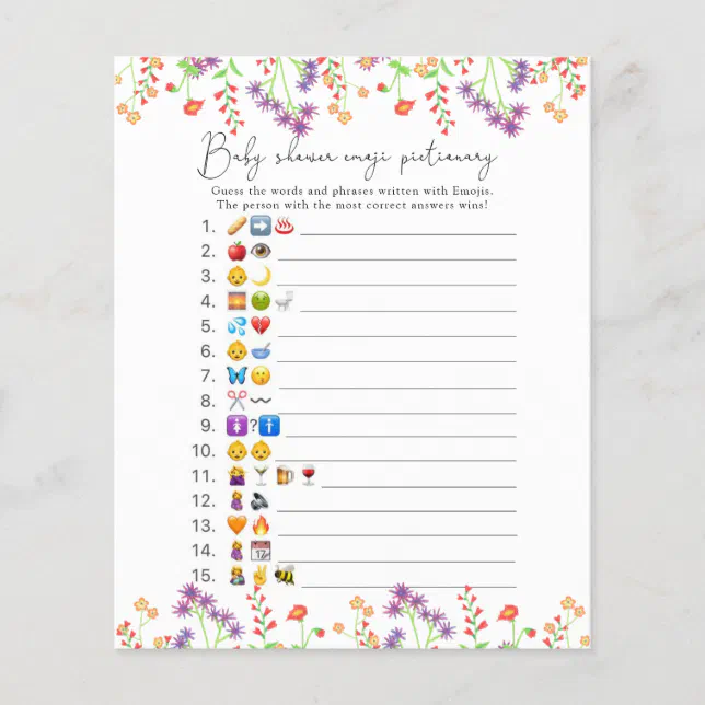 Wildflowers Emoji picture game baby shower | Zazzle