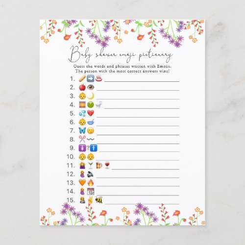 Wildflowers Emoji picture game baby shower