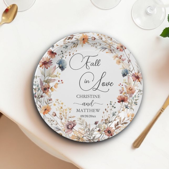 Wildflowers Fall in Love Elegant Wedding Paper Plates (Creator Uploaded)