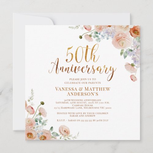 Wildflowers Faux Gold Calligraphy 50th Anniversary Invitation