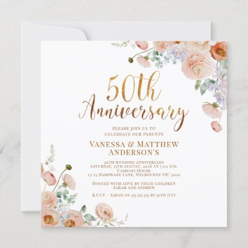 Wildflowers Faux Gold Calligraphy 50th Anniversary Invitation