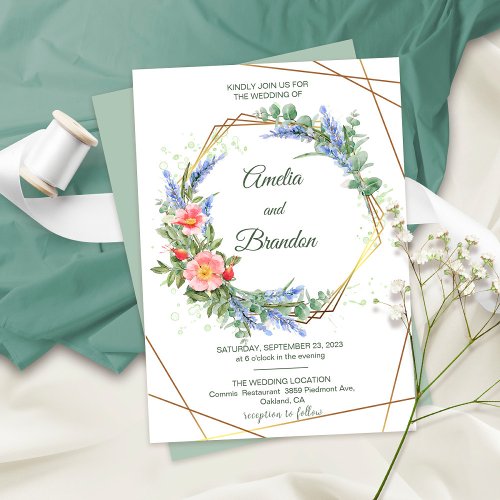 Wildflowers Faux Gold Foil Frame Rustic Wedding Invitation