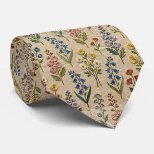 Wildflowers Faux Silk   Vintage Embroidery Style  Neck Tie