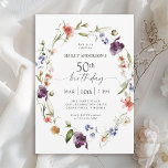 Wildflowers Feminine Floral 50th Birthday Party Invitation<br><div class="desc">Celebrate a 50th birthday in lovely feminine style with this modern floral wildflowers birthday party invitation. A beautiful watercolor painted wreath of mixed wildflowers in hues of pink, purple, peach, blue and white with scattered greenery make this invitation pop with style. Personalize the text template with your party info. This...</div>