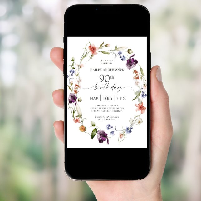 Wildflowers Feminine Floral 90th Birthday Party Invitation (Front Digital)