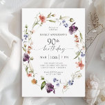 Wildflowers Feminine Floral 90th Birthday Party Invitation<br><div class="desc">Celebrate a 90th birthday in lovely feminine style with this modern floral wildflowers birthday party invitation. A beautiful watercolor painted wreath of mixed wildflowers in hues of pink, purple, peach, blue and white with scattered greenery make this invitation pop with style. Personalize the text template with your party info. This...</div>