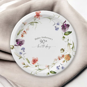 Wildflowers Feminine Floral 90th Birthday Party Paper Plates