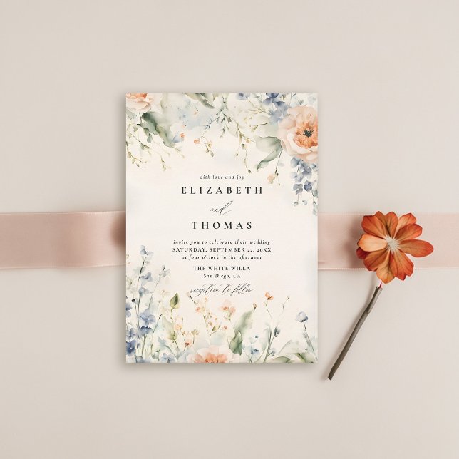 Wildflowers Fête Romantic Elegant Fall Wedding Invitation (wildflower wedding theme invitation watercolor happy fall garden modern classic elegant formal)