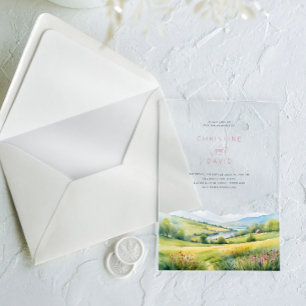 Wildflowers Field And Mountains Rustic Wedding Acrylic Invitations