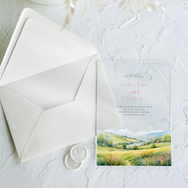 Wildflowers Field And Mountains Rustic Wedding Acrylic Invitations (Creator Uploaded)