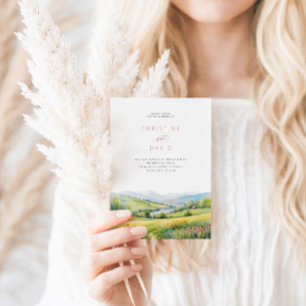 Wildflowers Field And Mountains Rustic Wedding Invitation