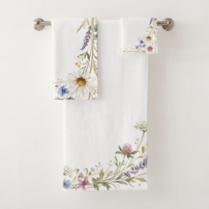 Wildflowers Floral Botanical Watercolor, Foliage Bath Towel Set