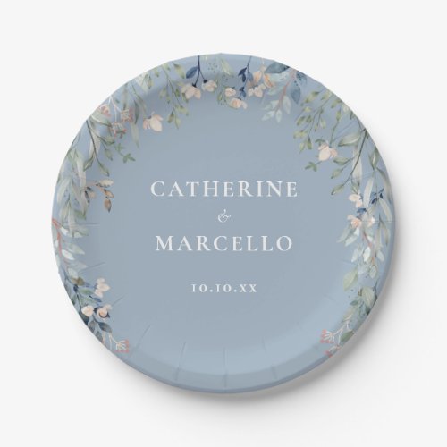 Wildflowers Floral Cascade Dusty Blue Wedding Paper Plates