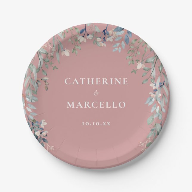 Wildflowers Floral Cascade Dusty Rose Pink Wedding Paper Plates (Front)