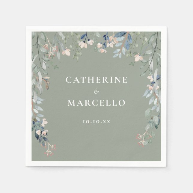 Wildflowers Floral Cascade Sage Green Wedding Napkins (Front)