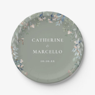 Wildflowers Floral Cascade Sage Green Wedding Paper Plates