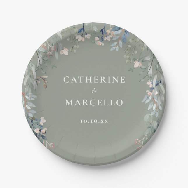 Wildflowers Floral Cascade Sage Green Wedding Paper Plates (Front)