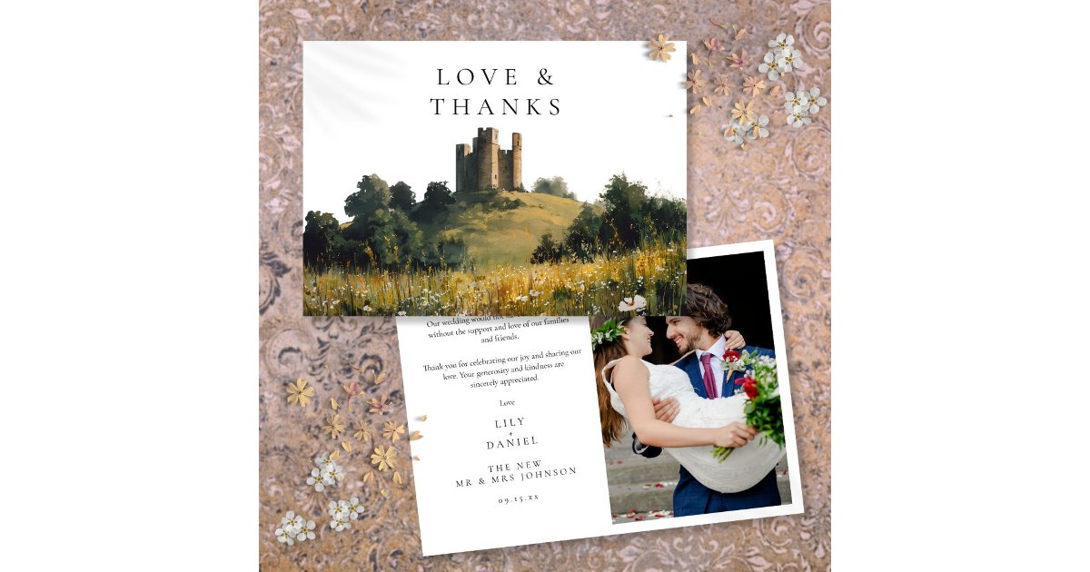 Wildflowers Floral Castle Wedding Photo Thank You Card | Zazzle