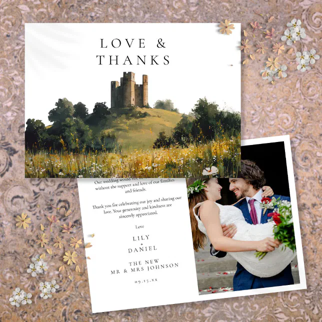Wildflowers Floral Castle Wedding Photo Thank You Card | Zazzle