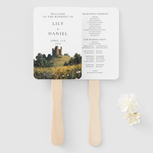 Wildflowers Floral Castle Wedding Program Hand Fan (Front and Back)