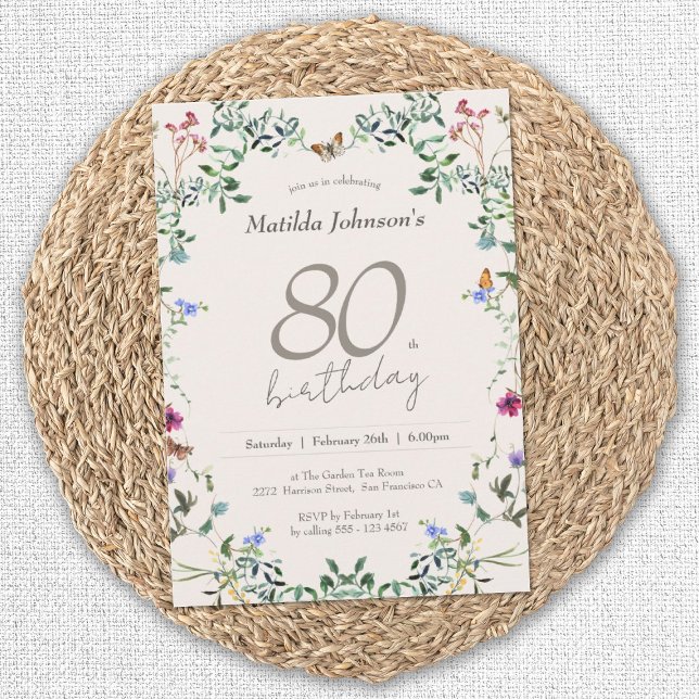 Wildflowers Floral Elegant 80th Birthday Party Invitation (Elegant 80th Birthday Wildflowers Floral Invitation)