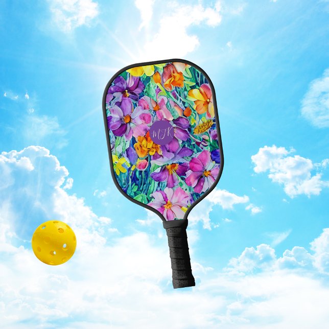 Wildflowers Floral Elegant Initials Monogram Pickleball Paddle (Creator Uploaded)