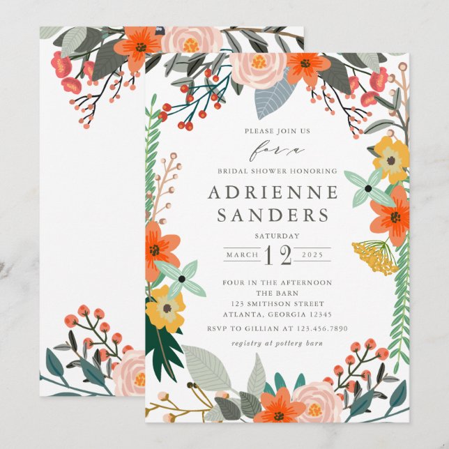Wildflowers Floral Frame Bridal Shower Invitation (Front/Back)