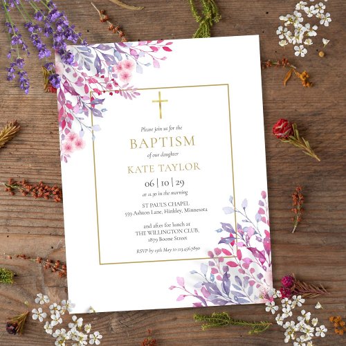 Wildflowers Floral Gold Baptism Christening Invitation Postcard
