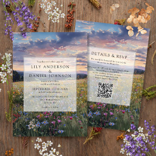 Wildflowers Floral Meadow QR Code Wedding Invitation
