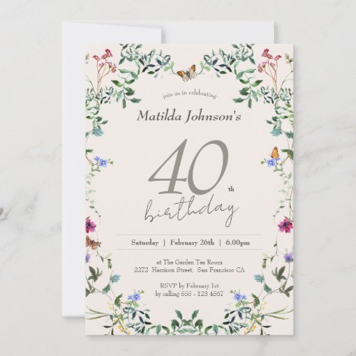 Wildflowers Floral Modern 40th Birthday Party Invitation | Zazzle