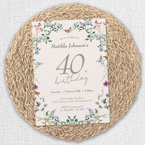 Wildflowers Floral Modern 40th Birthday Party Invitation