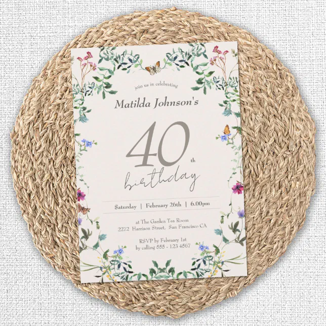 Wildflowers Floral Modern 40th Birthday Party Invitation | Zazzle