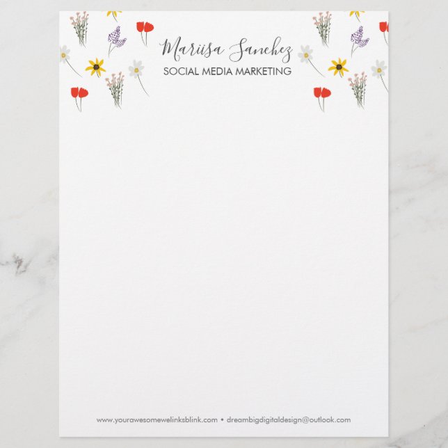 Wildflowers Floral Script Name Modern Letterhead (Front)