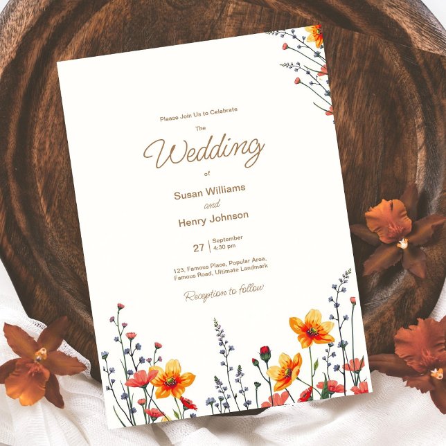Wildflowers Floral Wedding Invitation | Fall Color (best wedding card design | Fall season colors |  calligraphy watercolor wildflowers | custom )