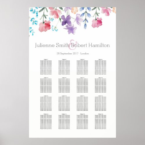 Wildflowers Floral Wedding Seating Chart 16 Tables