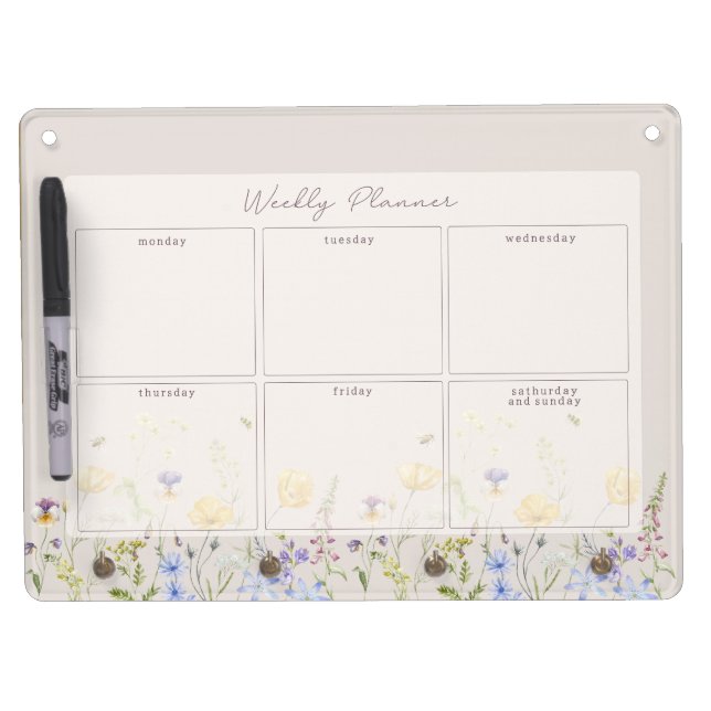 Wildflowers, floral weekly planner dry erase board with keychain holder (Front)