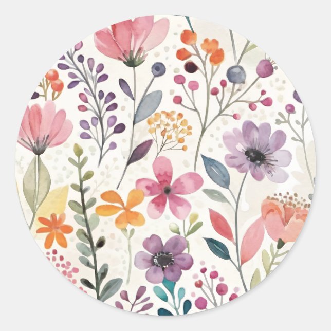 Wildflowers Floral Whimsical Pattern Classic Round Sticker (Front)