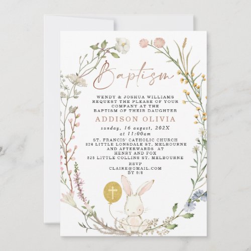 Wildflowers Floral Wreath White Bunny Baptism Invitation