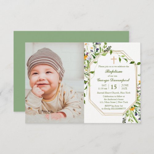 Wildflowers frame Baptism  custom photo Invitation