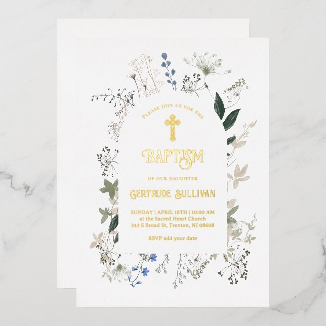 wildflowers frame Baptism Foil Invitation (Front/Back)